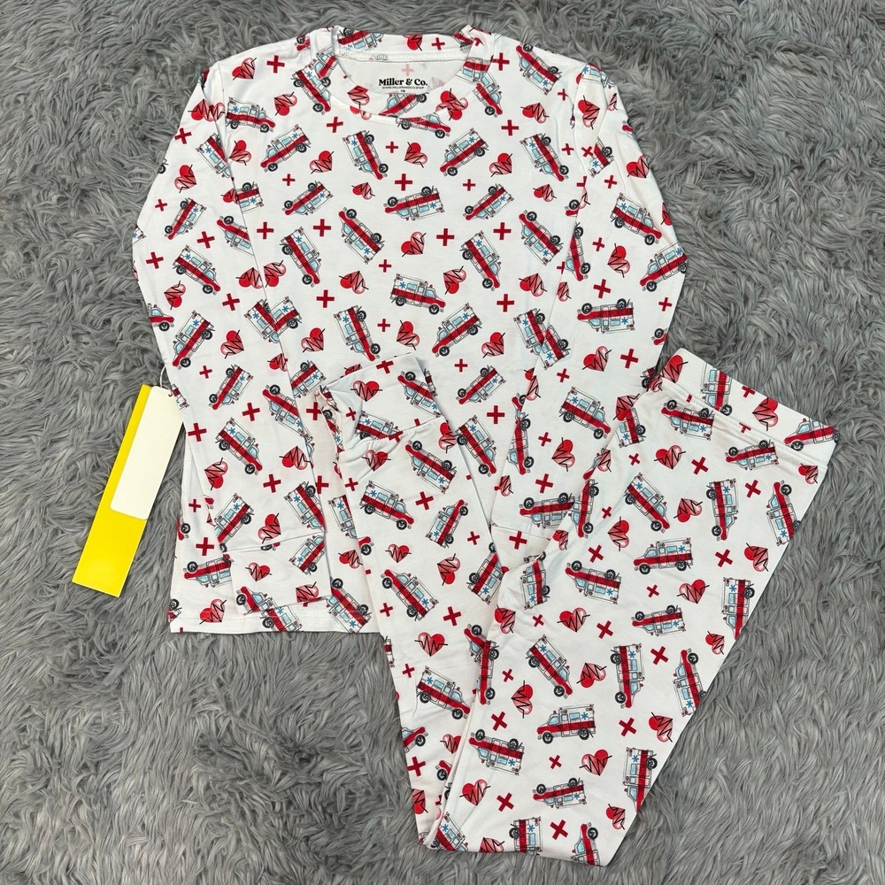 Miller & Co. Medical Ambulances Bamboo Pajama Set White Boys Girls 7/8 NEW